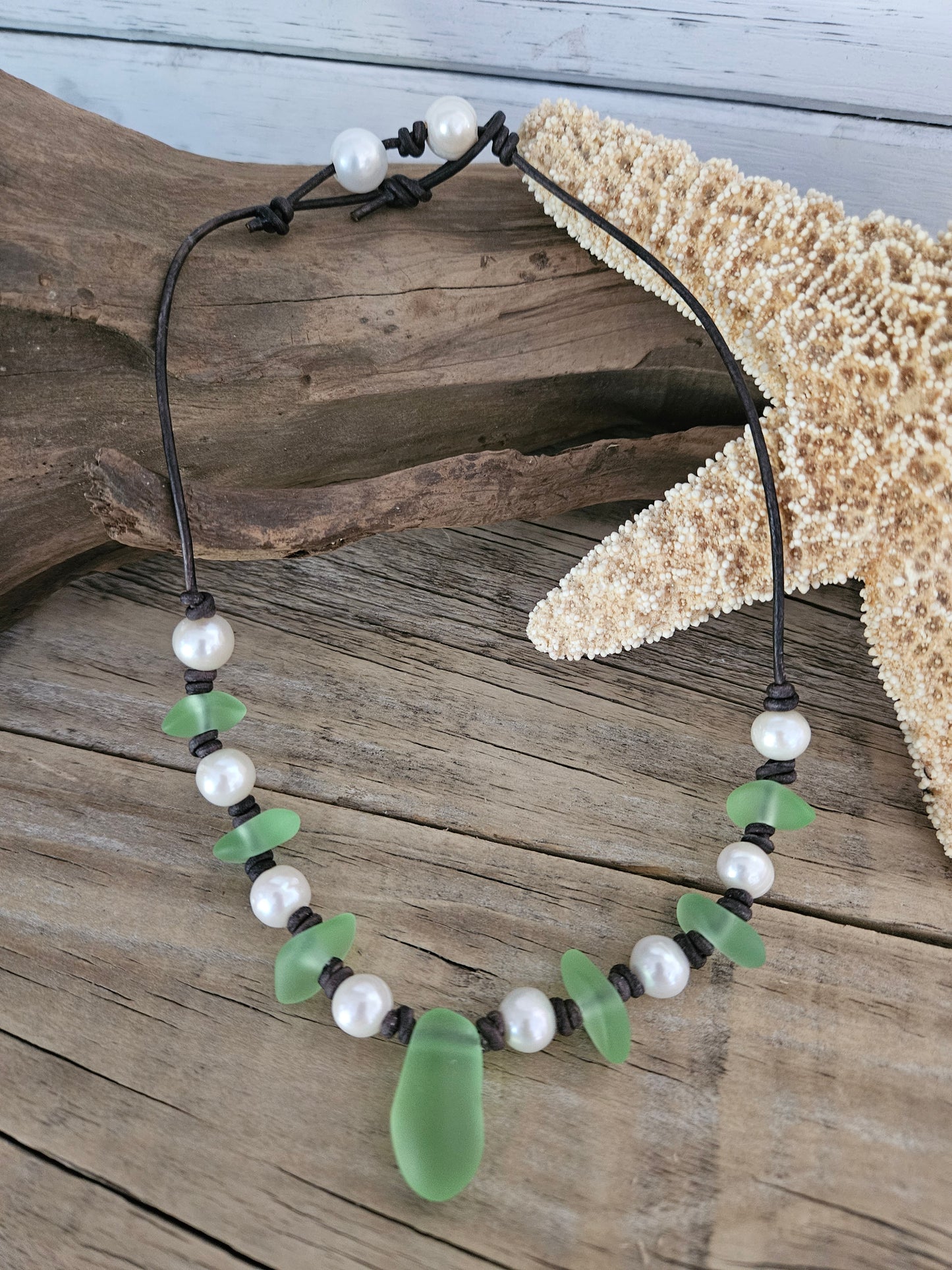 Emerald Green Sea Glass Pearl Necklace: Leather Choker, Freshwater Pearls