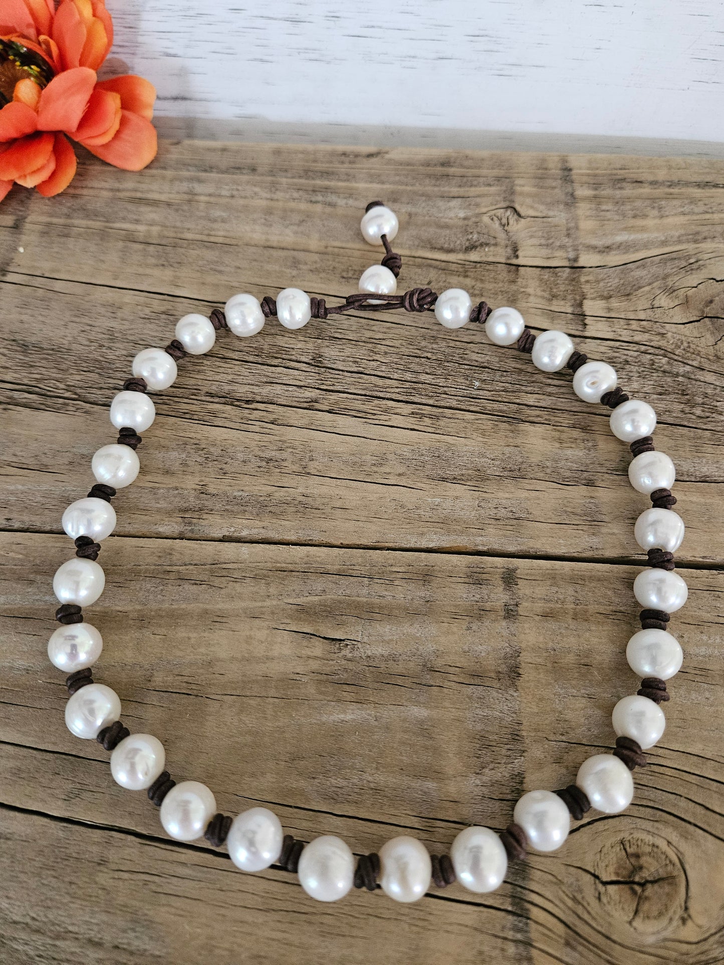 Freshwater Pearl Necklace: Knotted Leather, Hippie Beach Jewelry