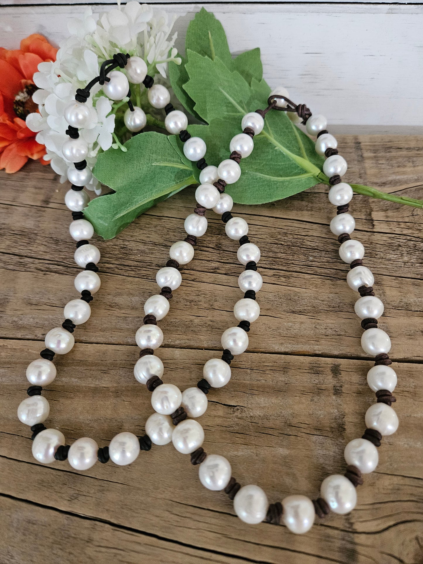 Freshwater Pearl Necklace: Knotted Leather, Hippie Beach Jewelry