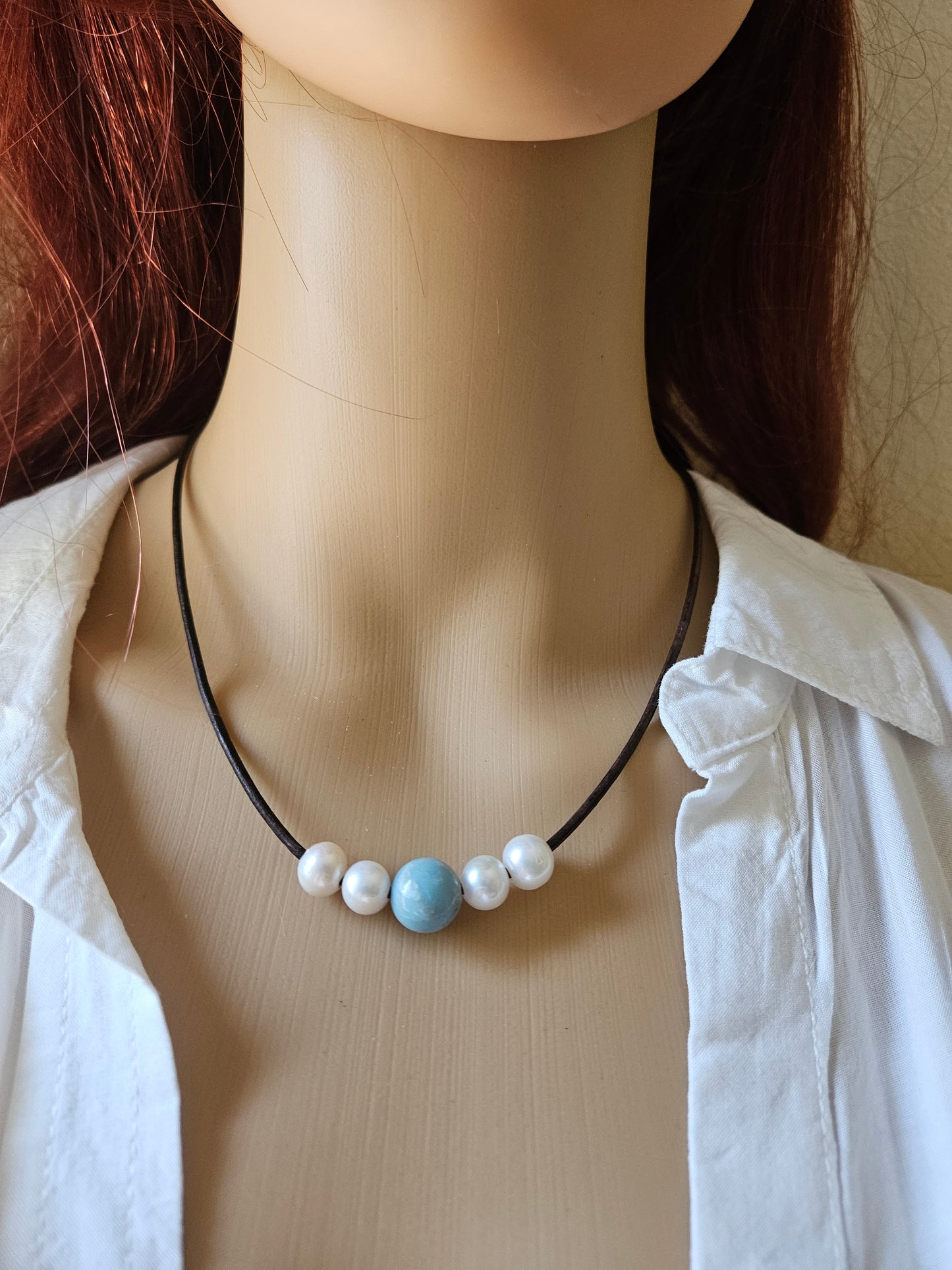 Beach Boho Larimar White Freshwater Pearl Brown or Black Leather Necklace, casual