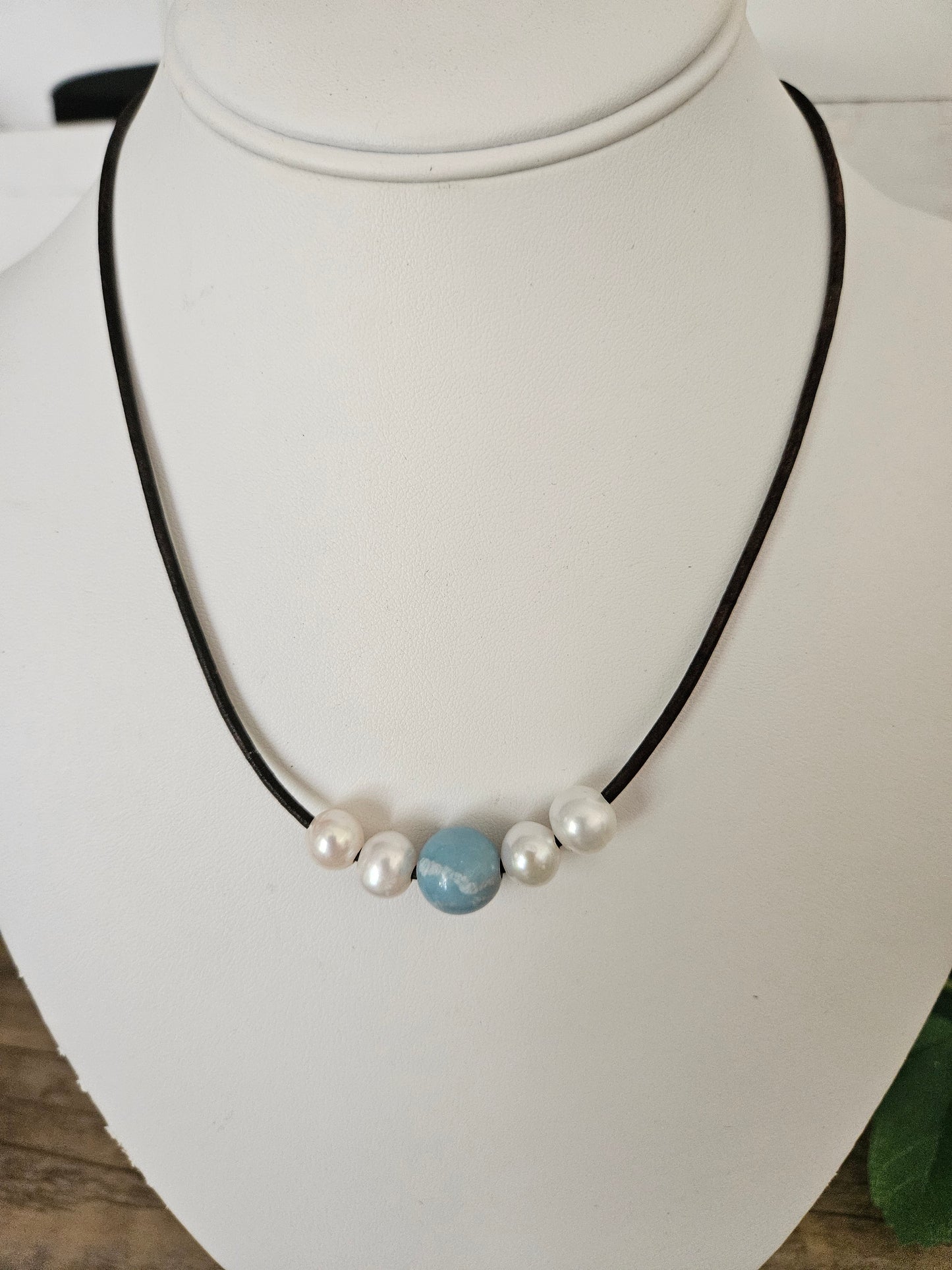 Beach Boho Larimar White Freshwater Pearl Brown or Black Leather Necklace, casual