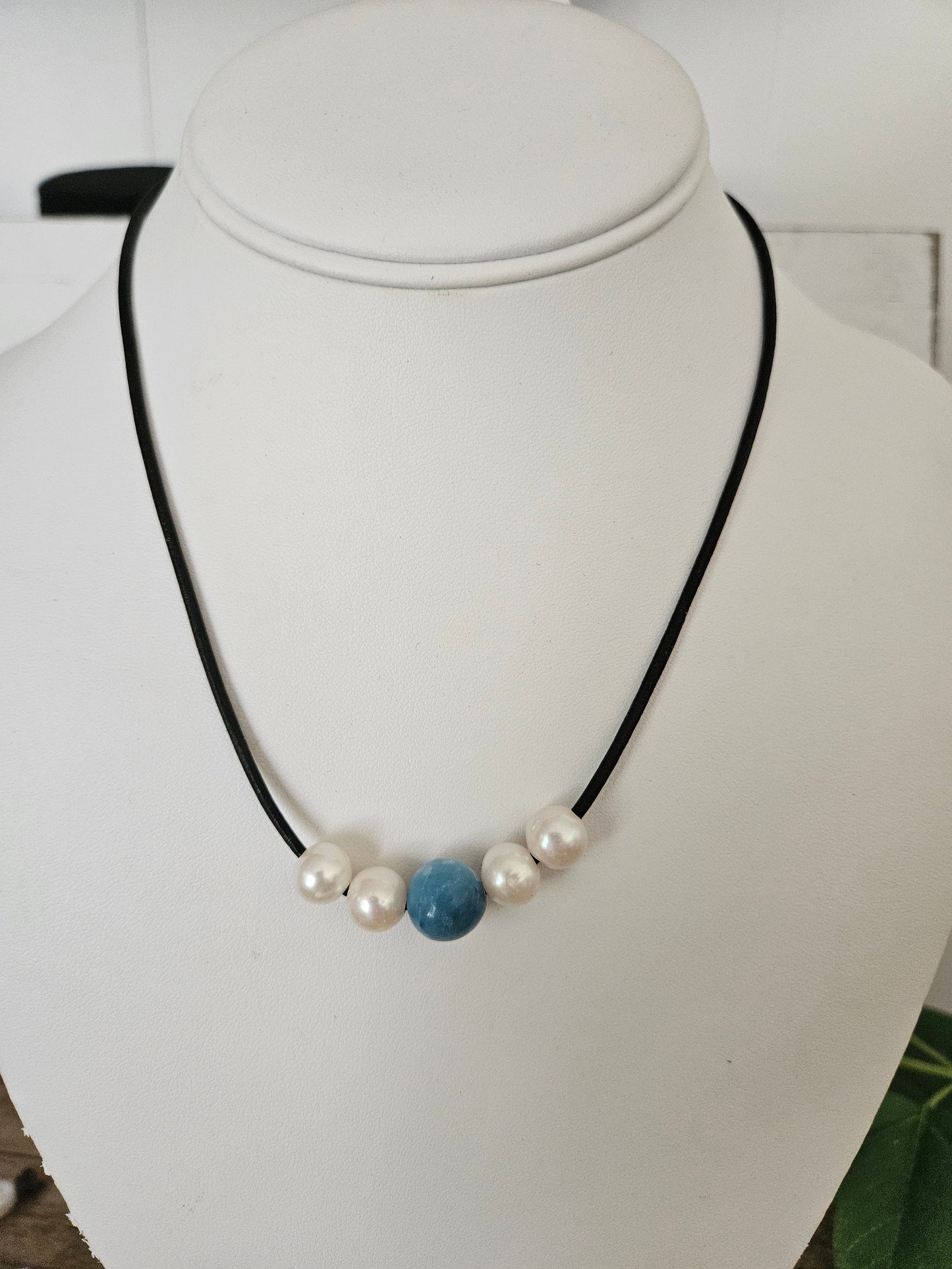 Beach Boho Larimar White Freshwater Pearl Brown or Black Leather Necklace, casual