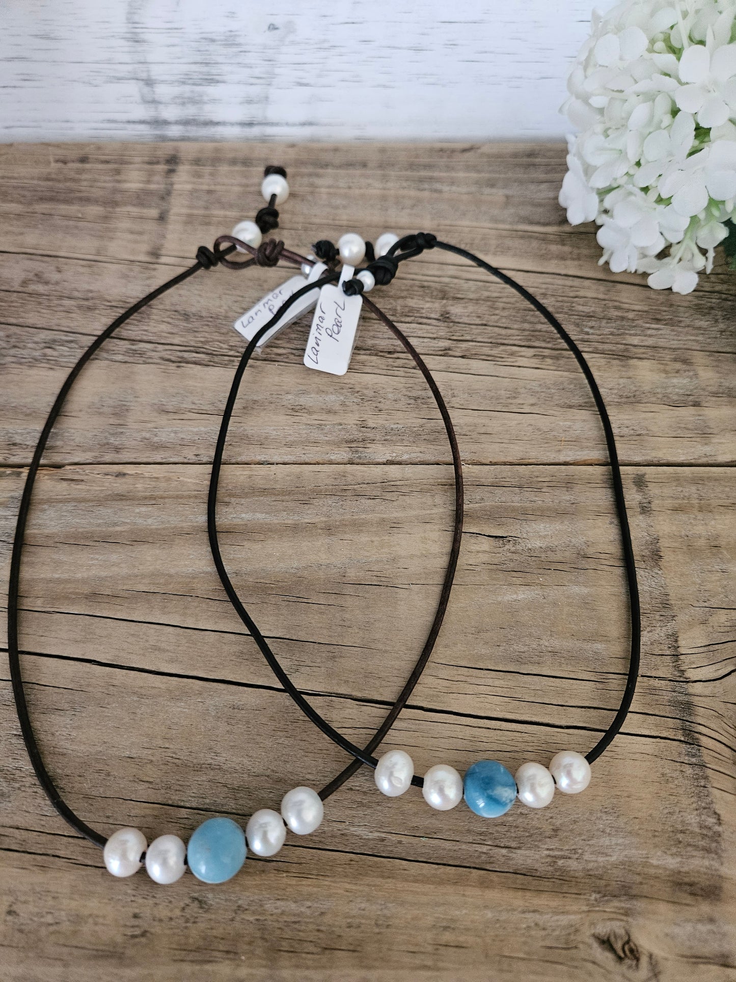 Beach Boho Larimar White Freshwater Pearl Brown or Black Leather Necklace, casual