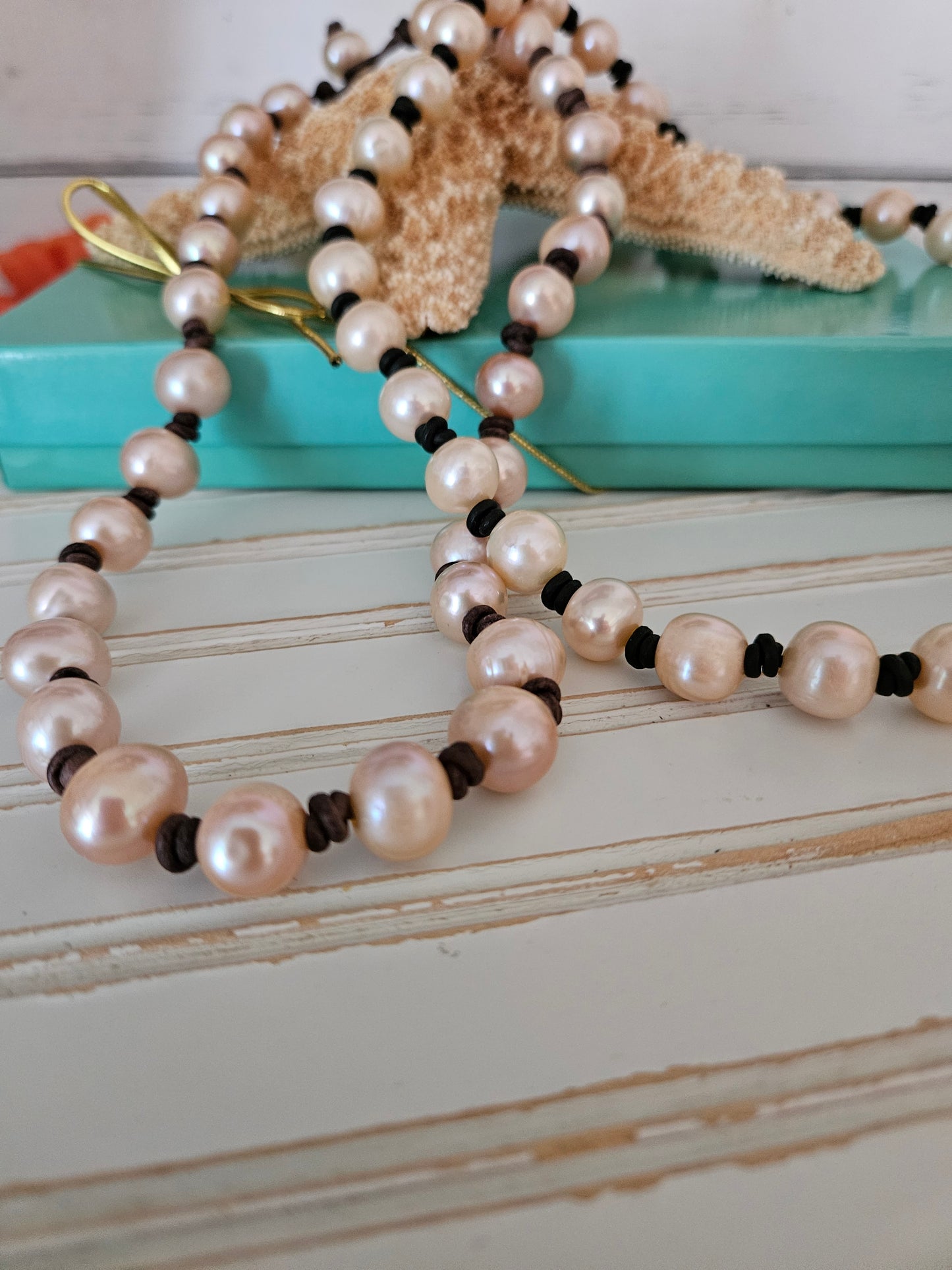 Freshwater Peach Pearl Leather Necklace: USA Handmade Hippie Jewelry