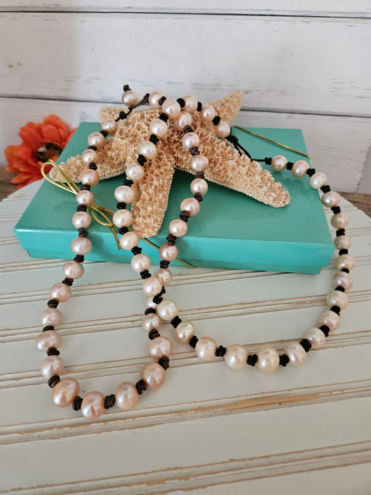 Freshwater Peach Pearl Leather Necklace: USA Handmade Hippie Jewelry