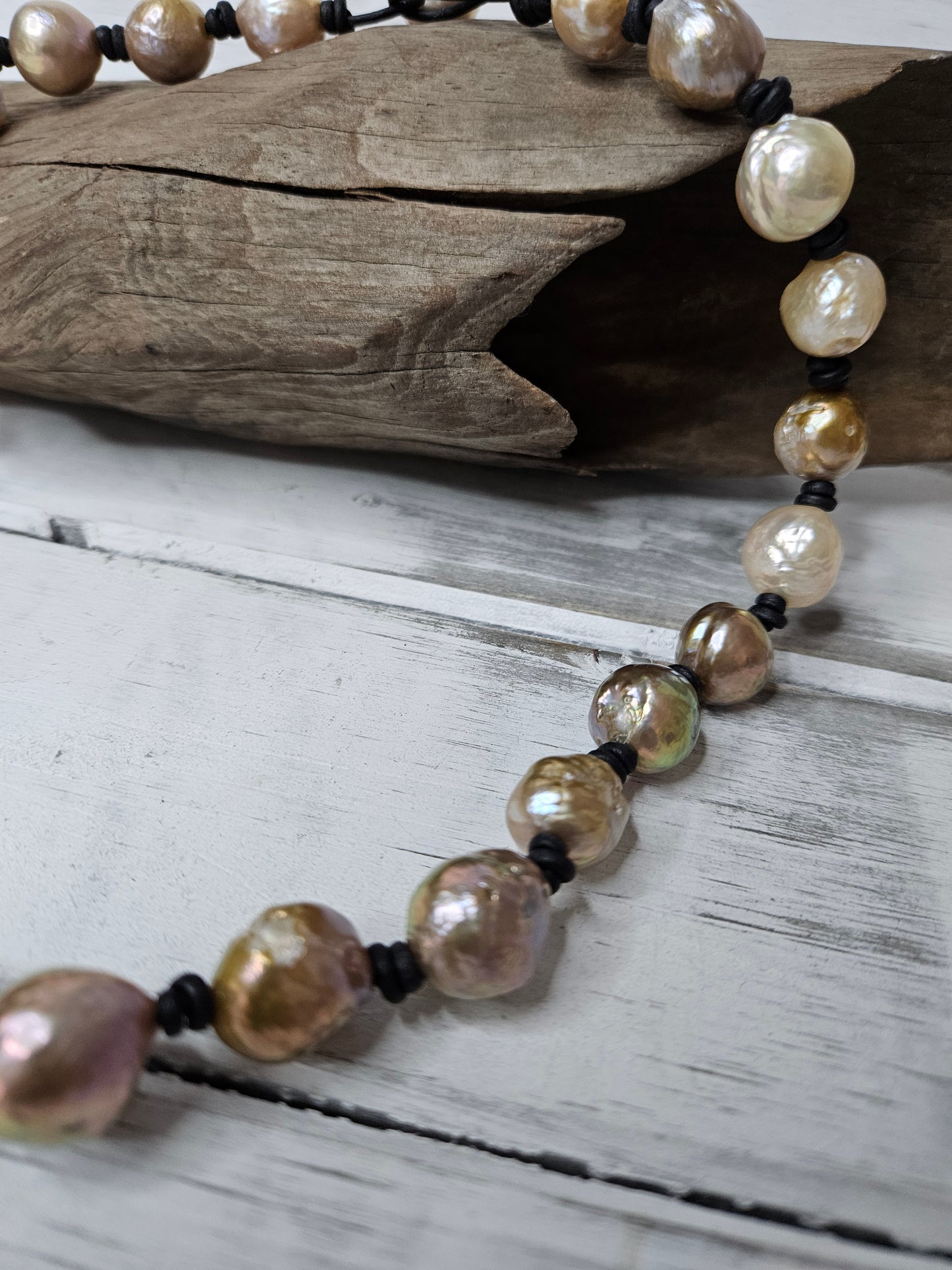 Leather Pearl Necklace: Large  Multi Color Baroque Pearl
