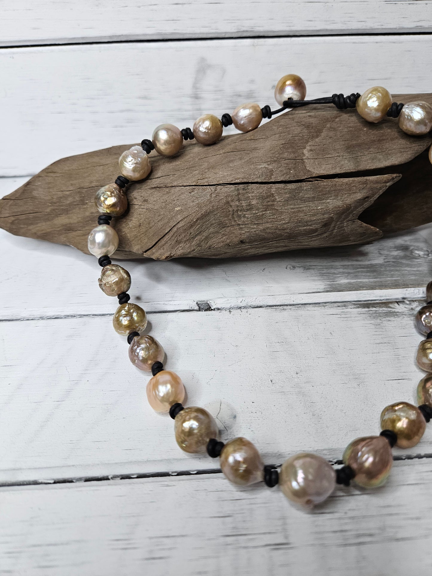 Leather Pearl Necklace: Large  Multi Color Baroque Pearl