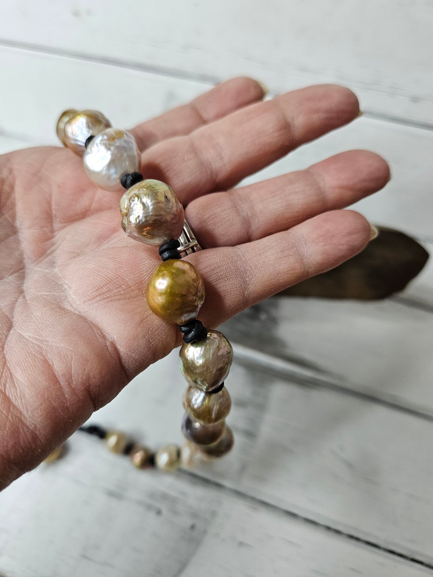 Leather Pearl Necklace: Large  Multi Color Baroque Pearl