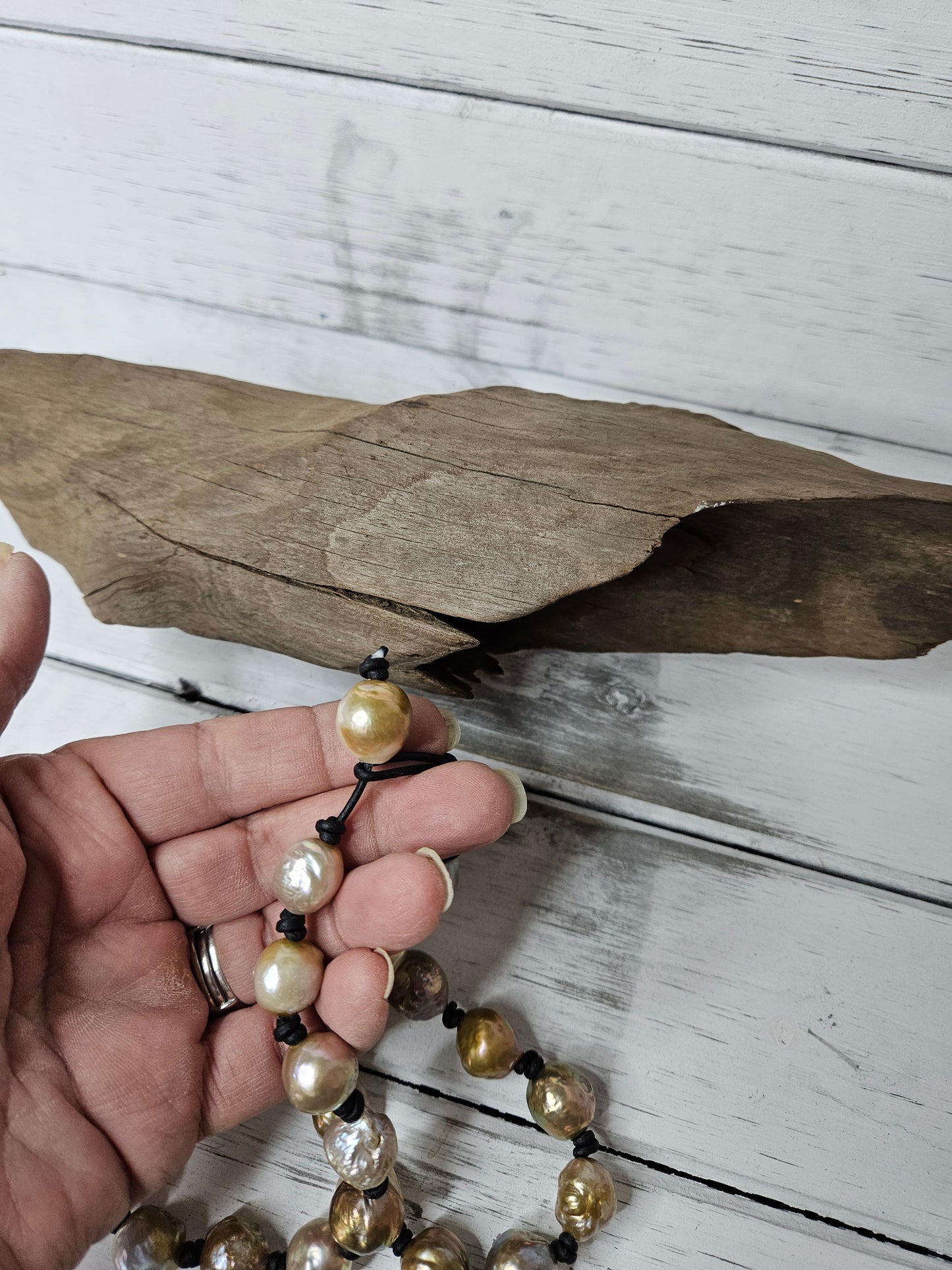 Leather Pearl Necklace: Large  Multi Color Baroque Pearl