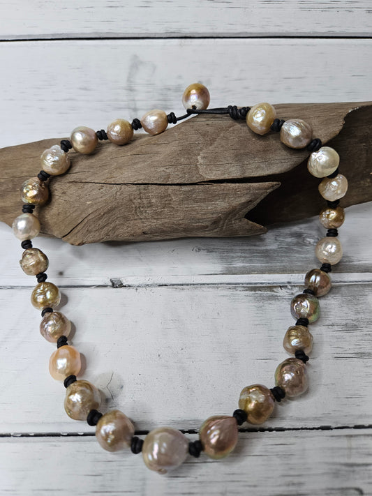 Leather Pearl Necklace: Large  Multi Color Baroque Pearl