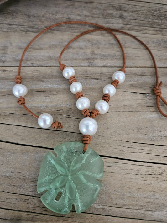 Boho Pearl Necklace: Green Sand Dollar Leather Pendant, Resort Jewelry