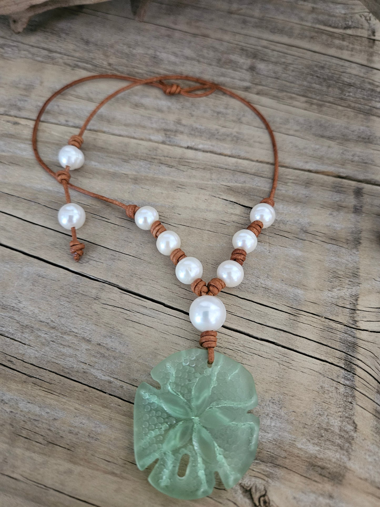 Boho Pearl Necklace: Green Sand Dollar Leather Pendant, Resort Jewelry