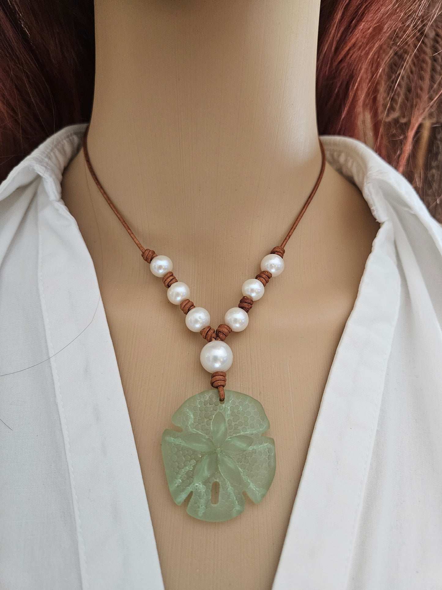 Boho Pearl Necklace: Green Sand Dollar Leather Pendant, Resort Jewelry