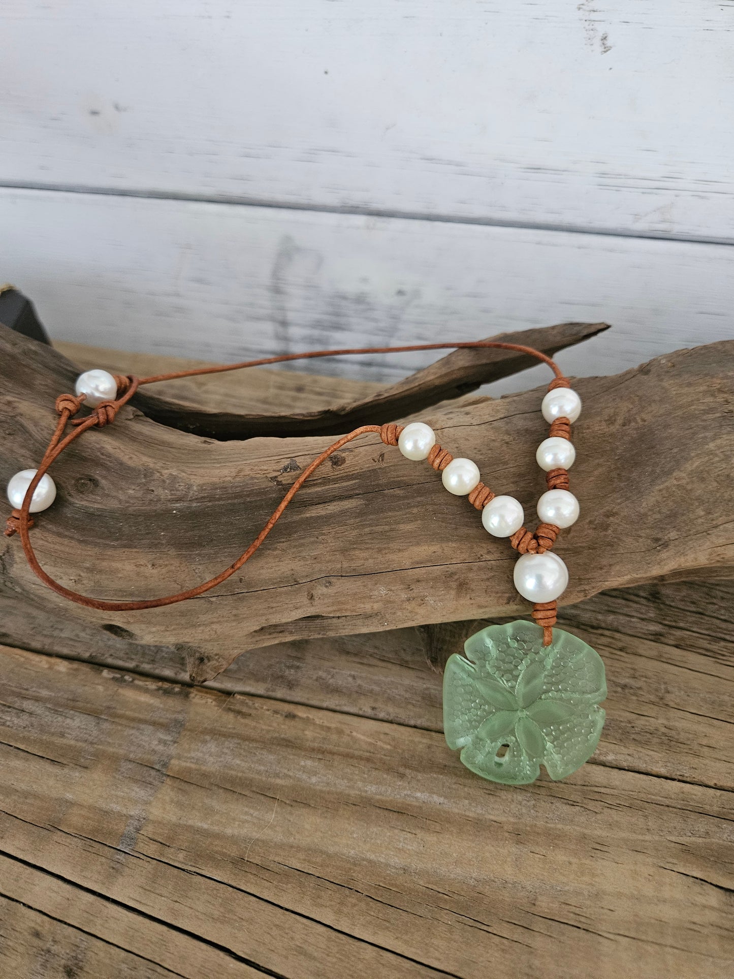 Boho Pearl Necklace: Green Sand Dollar Leather Pendant, Resort Jewelry