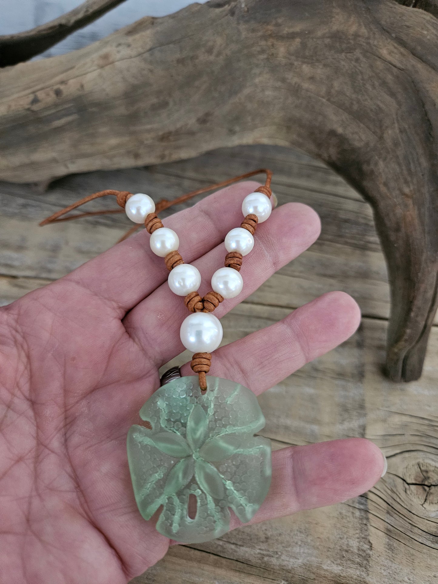 Boho Pearl Necklace: Green Sand Dollar Leather Pendant, Resort Jewelry