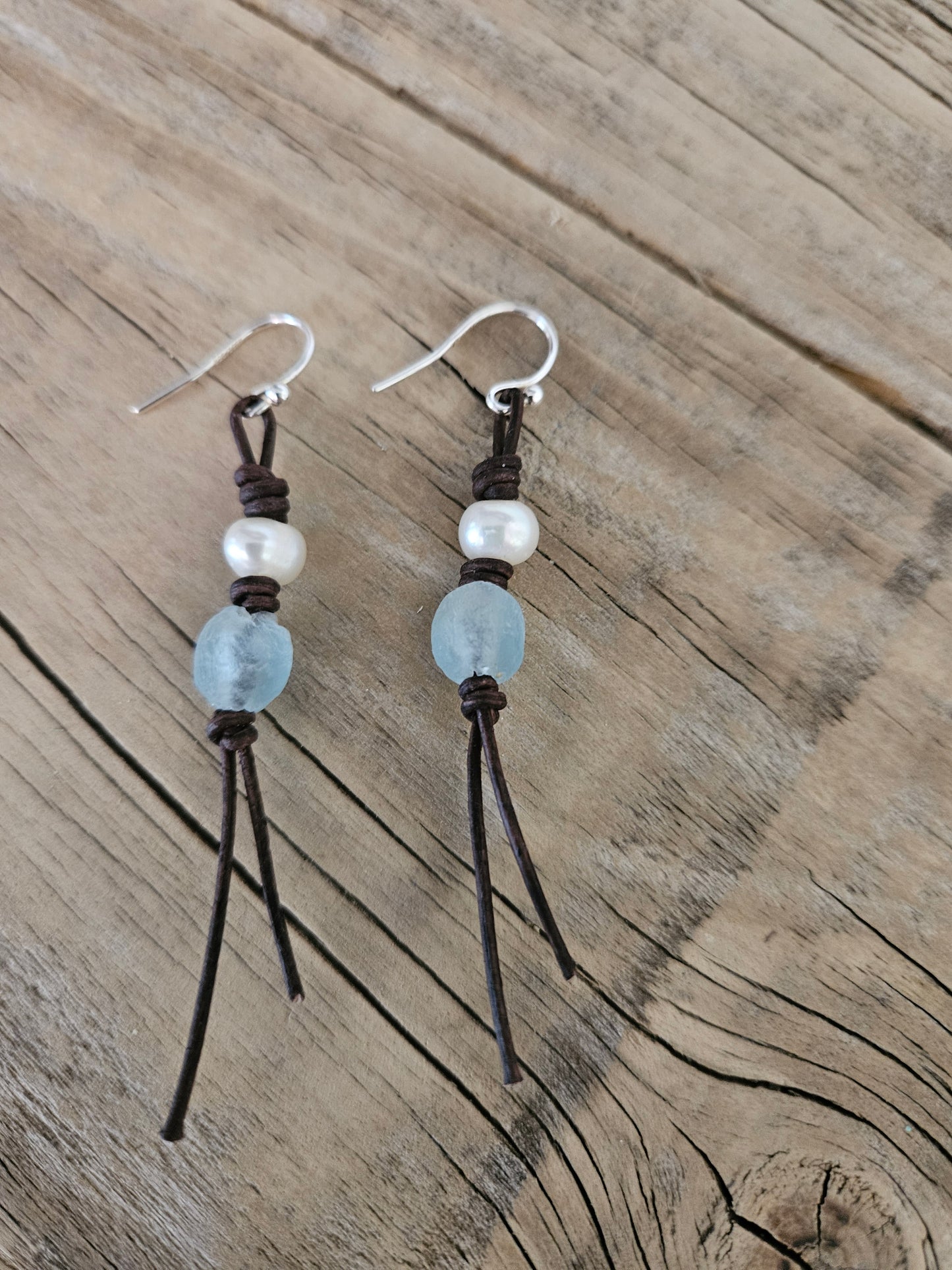 Boho Leather Pearl & Sea Glass Earrings: Sterling Silver Dangles