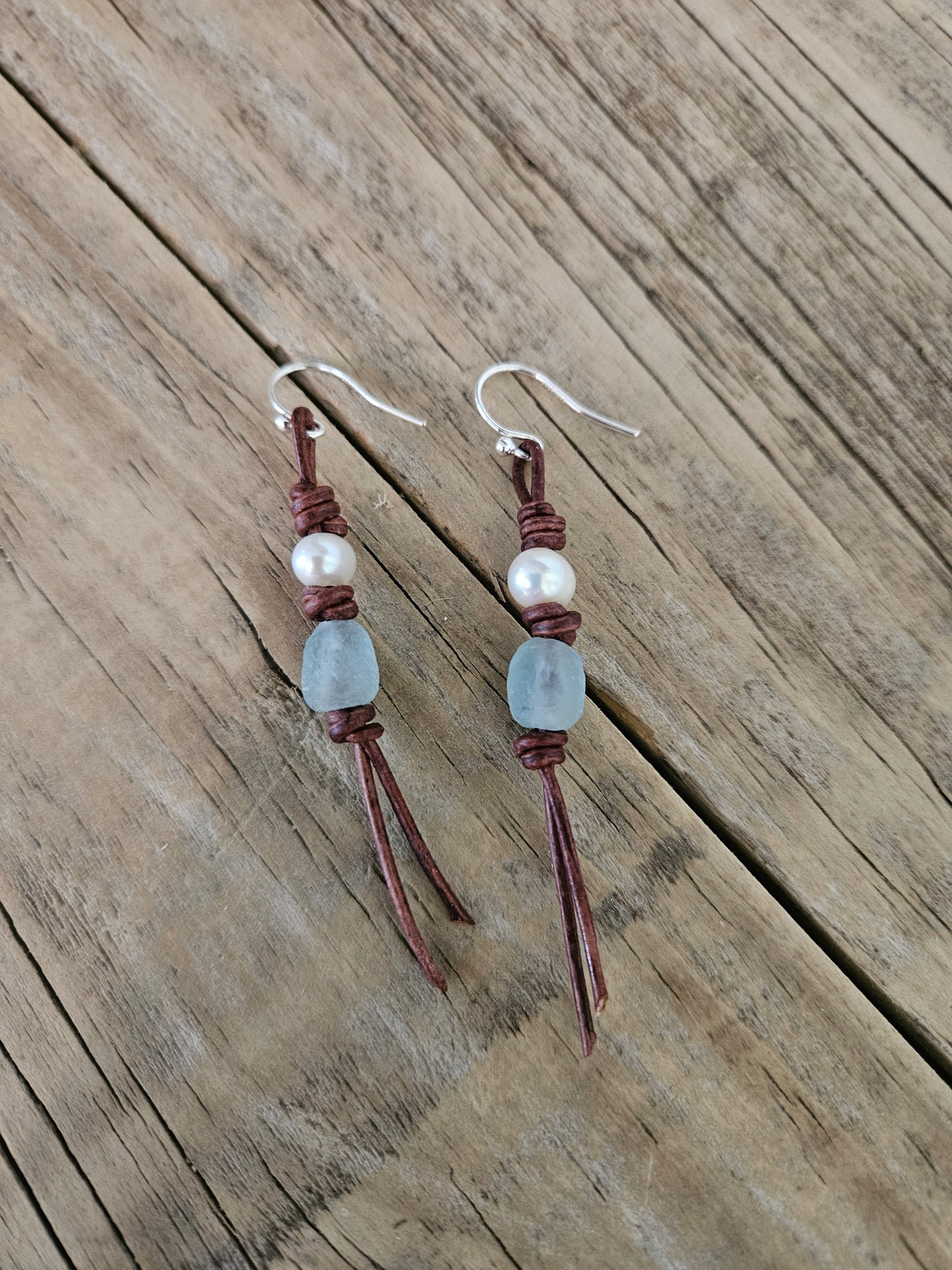 Boho Leather Pearl & Sea Glass Earrings: Sterling Silver Dangles