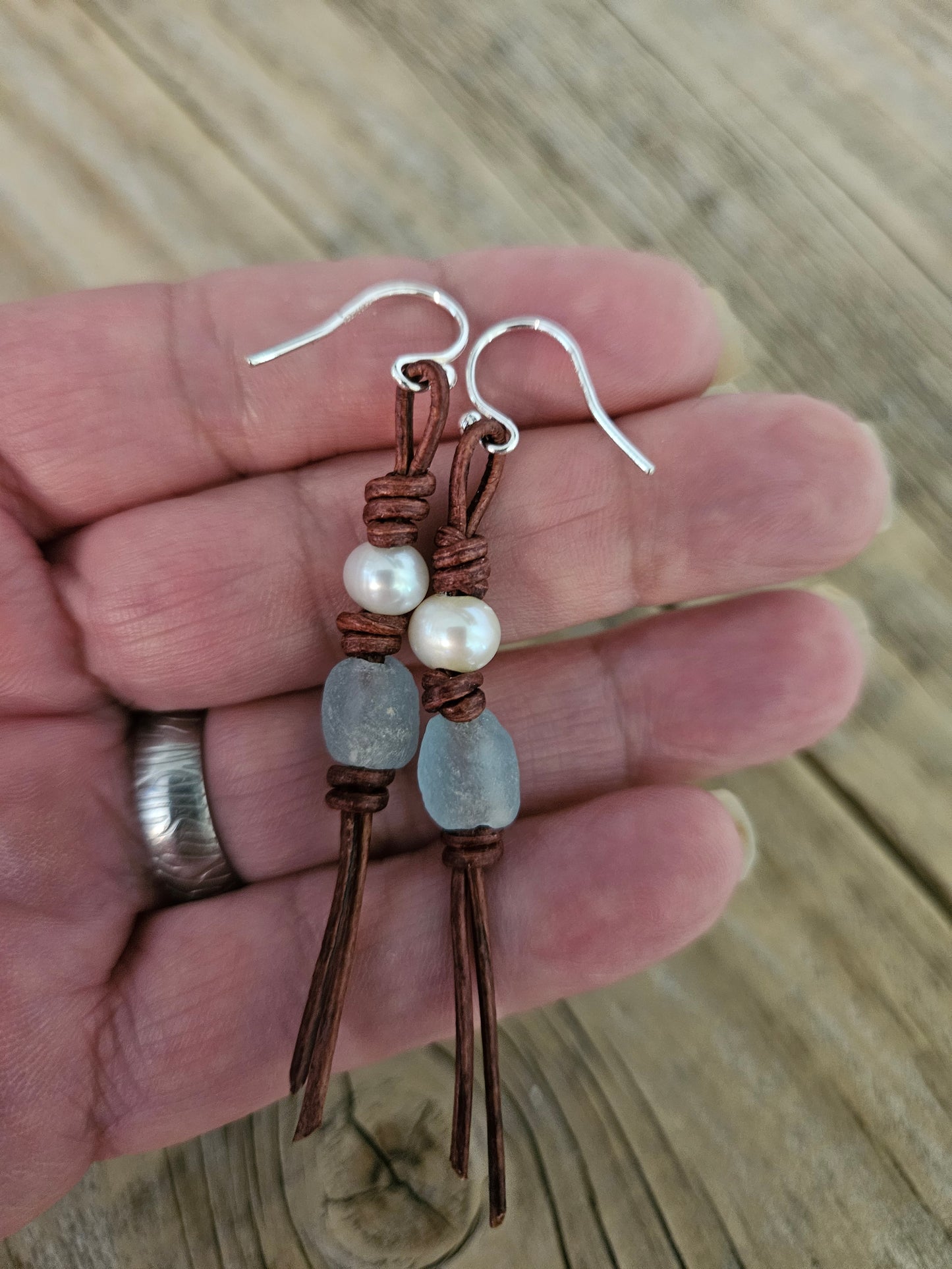 Boho Leather Pearl & Sea Glass Earrings: Sterling Silver Dangles