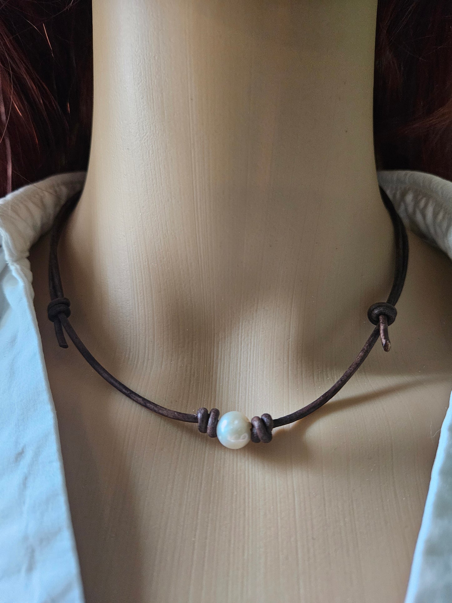 Boho Leather Choker: Single Freshwater Pearl, Adjustable Necklace 8-9mm
