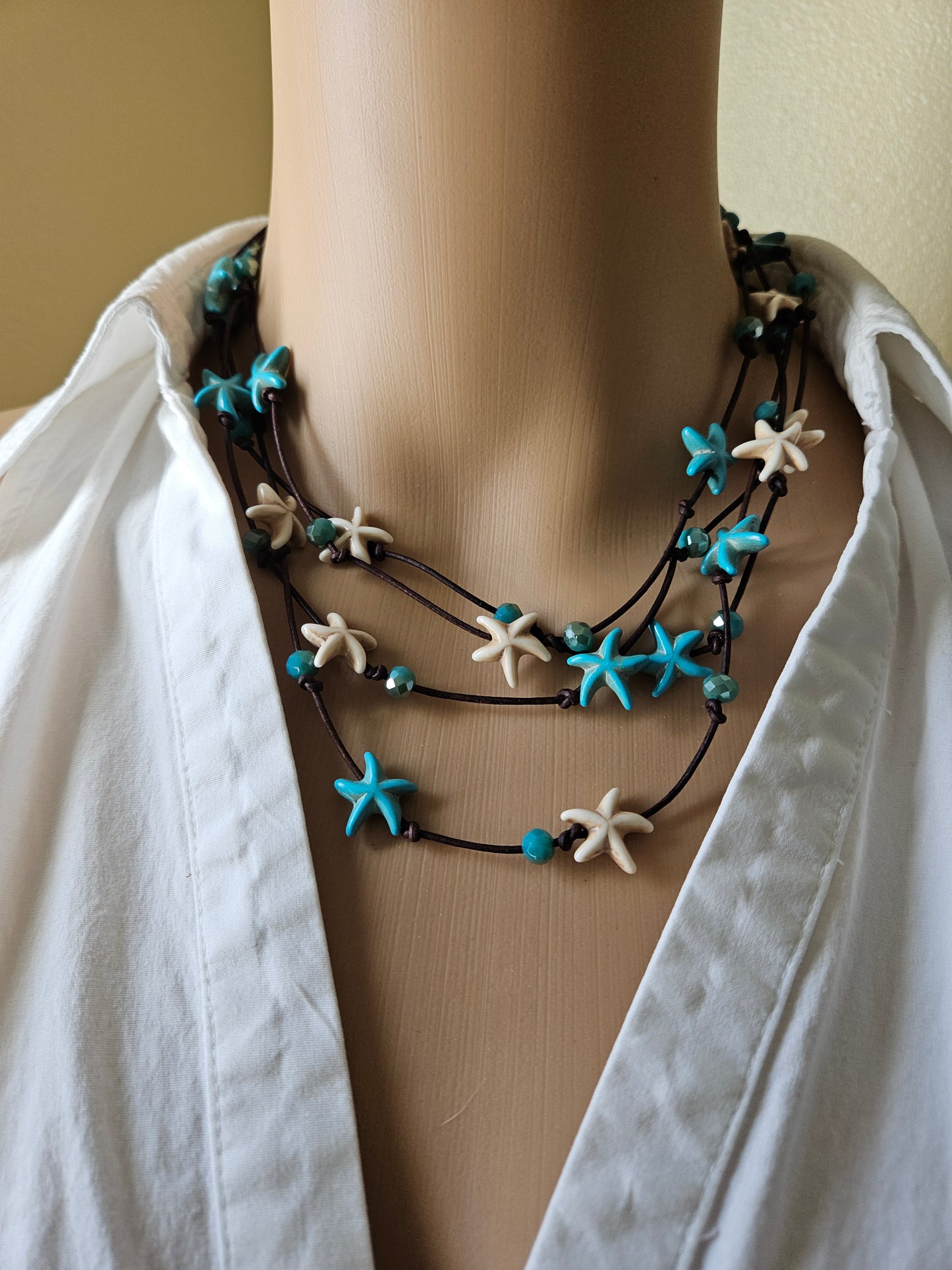 Leather Starfish Wrap Necklace: Cream & Turquoise color Beaded Jewelry