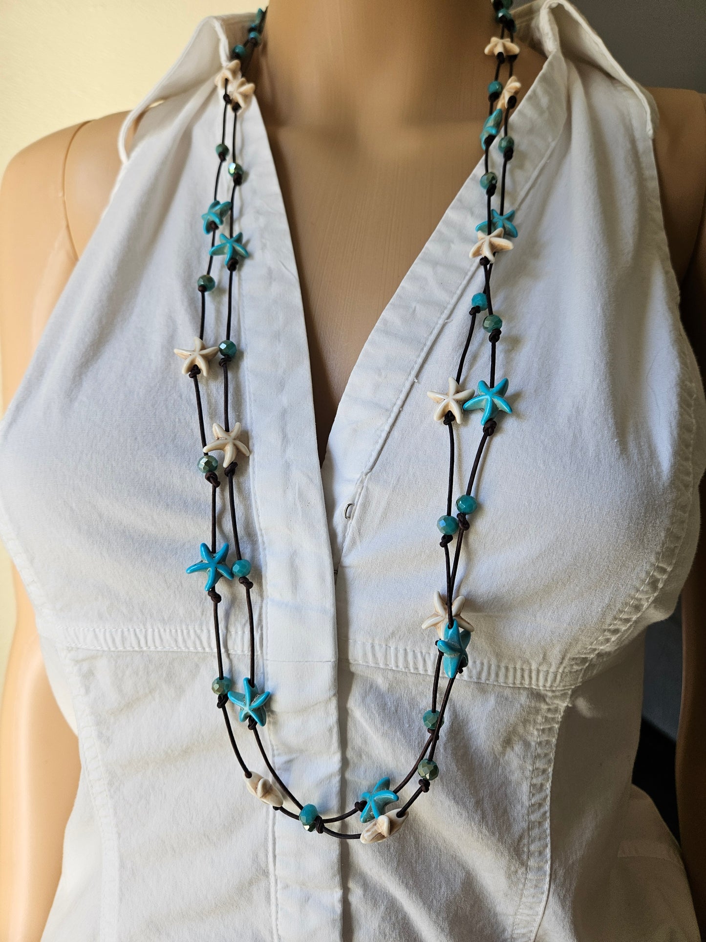 Leather Starfish Wrap Necklace: Cream & Turquoise color Beaded Jewelry