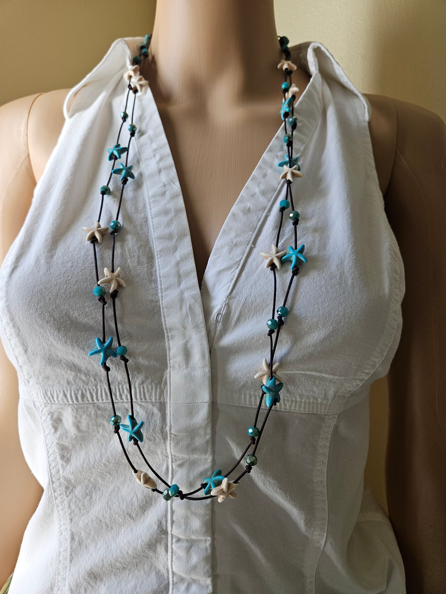 Leather Starfish Wrap Necklace: Cream & Turquoise color Beaded Jewelry
