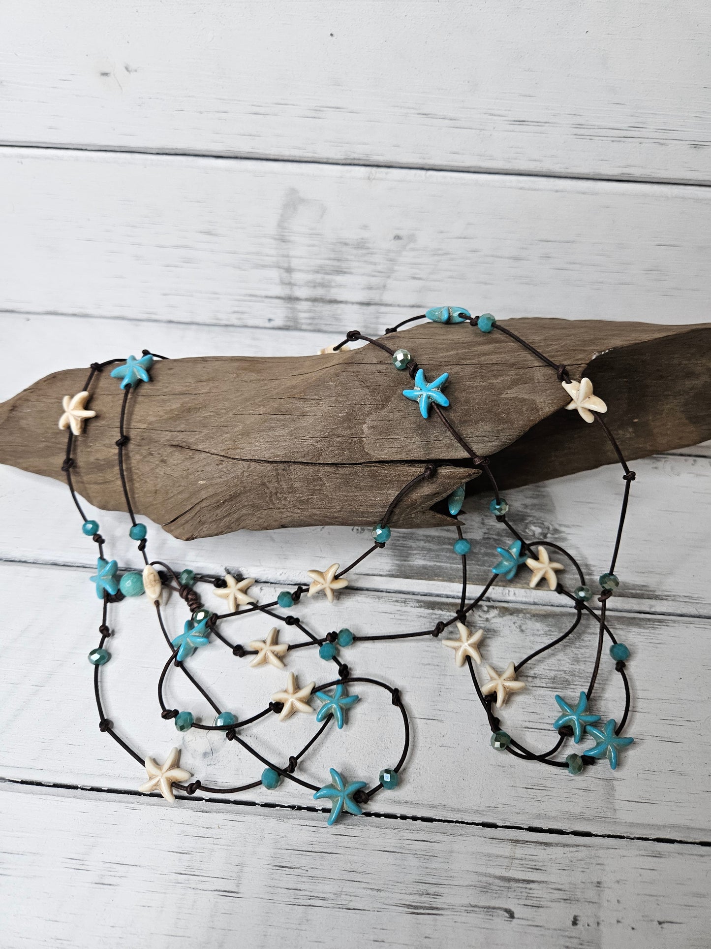 Leather Starfish Wrap Necklace: Cream & Turquoise color Beaded Jewelry